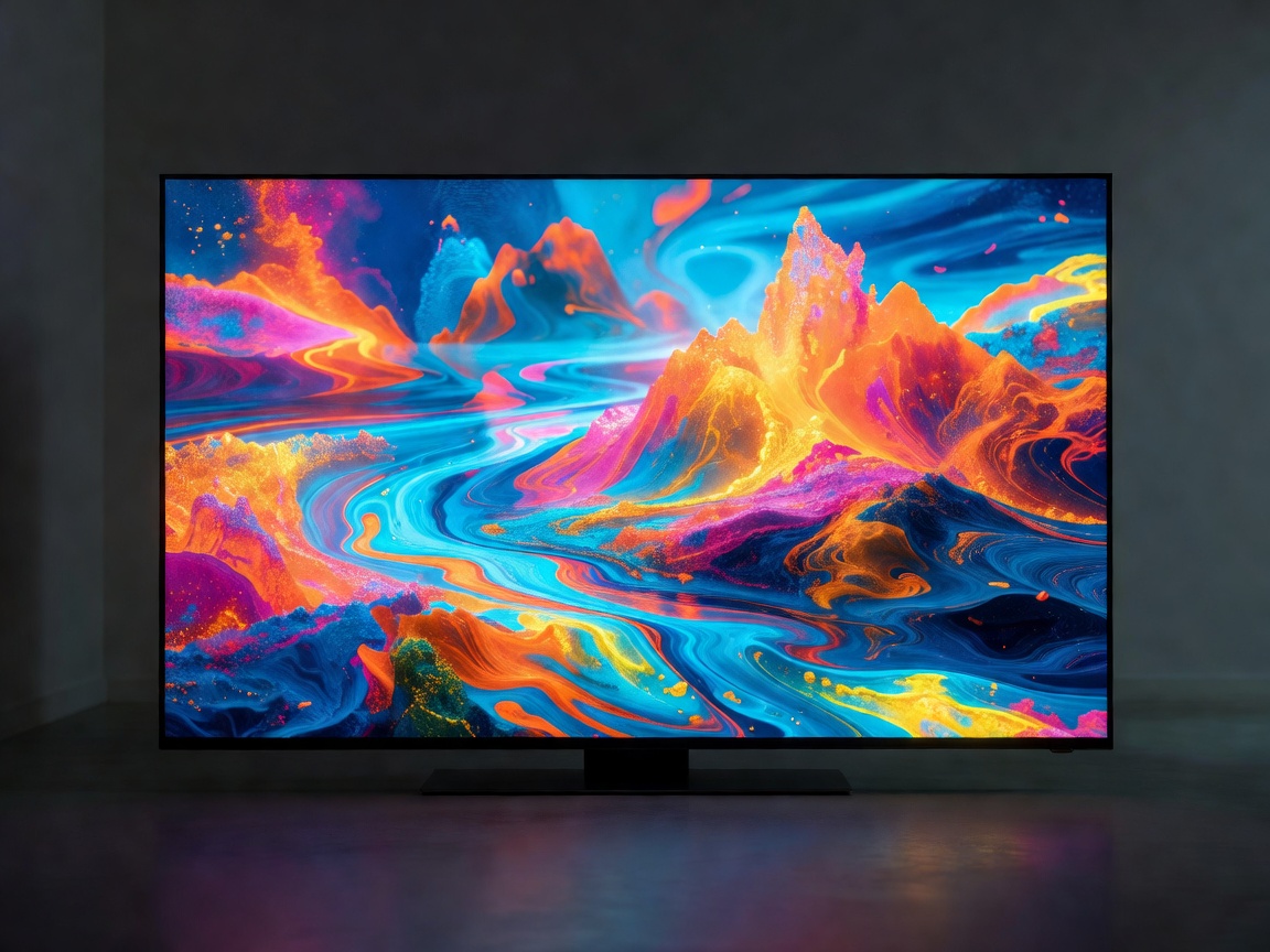 A bright, colorful abstract landscape on a television screen