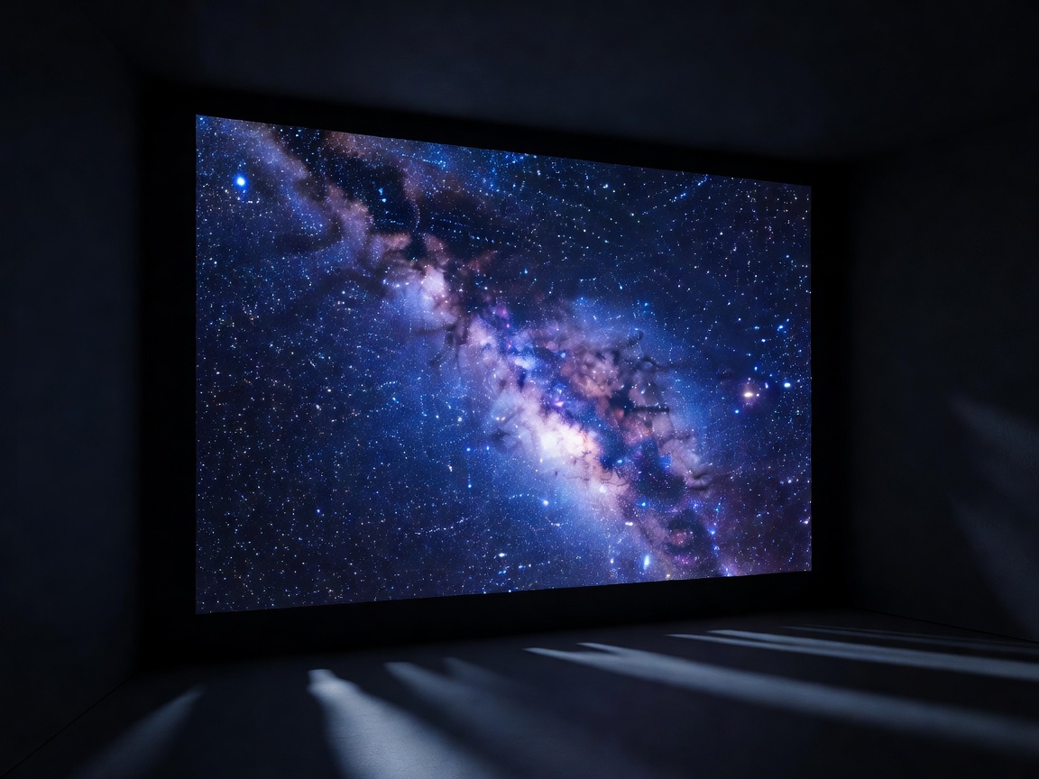 A dark room featuring a highly illuminated OLED screen displaying a starry night sky