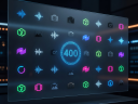 A digital interface overlay displaying media content icons