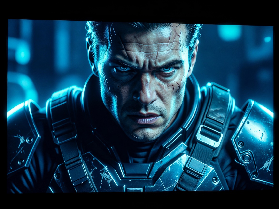 Close up of a video game character rendered in sharp high definition on a glowing screen