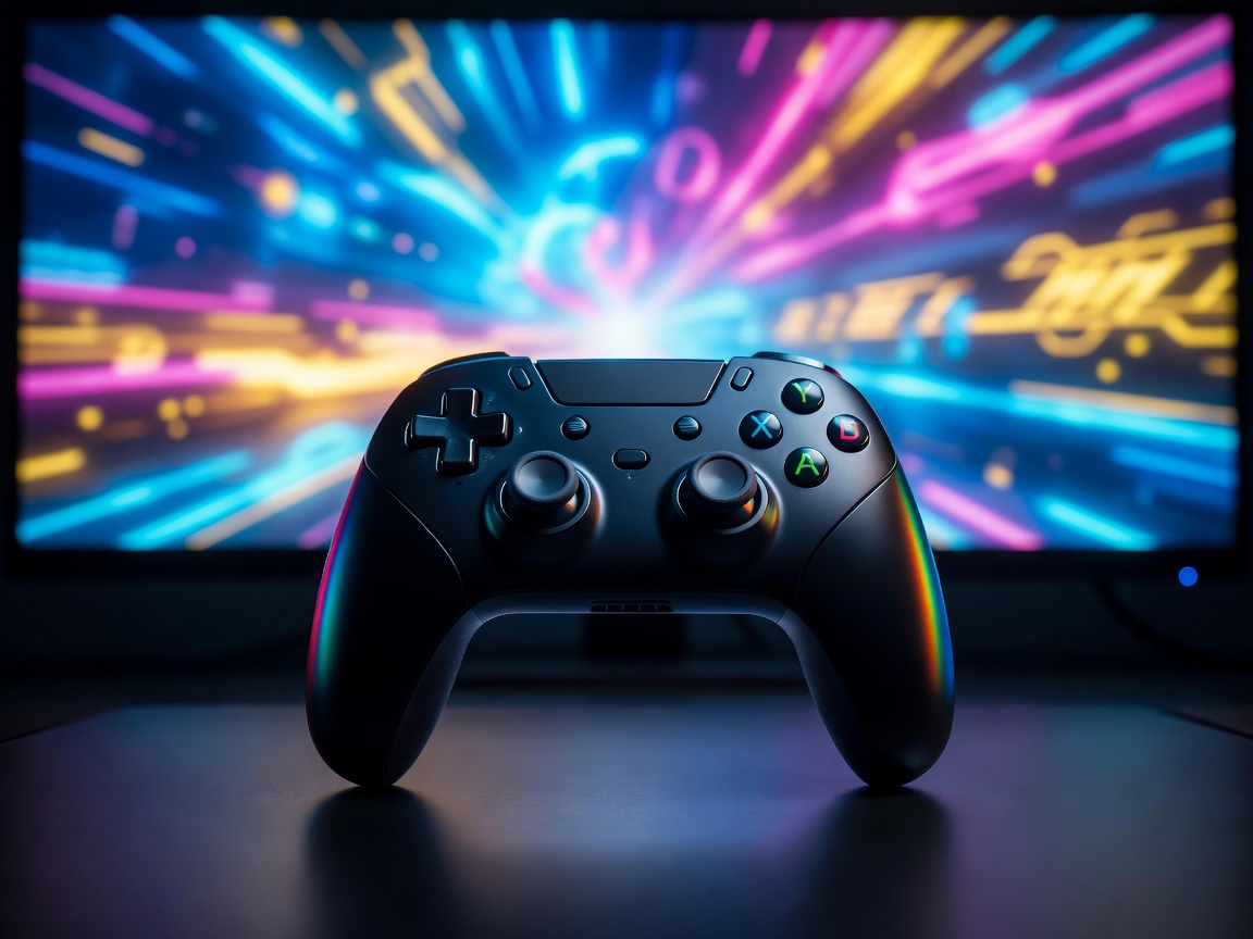 Video game controller sitting in front of a brightly lit screen